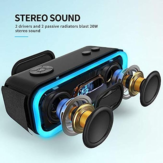Bluetooth Speaker, DOSS SoundBox Pro Portable Wireless Speaker with 20W Stereo Sound, Active Extra Bass, IPX5 Waterproof, Wireless Stereo Pairing, Multi-Colors Lights, 20 Hrs Playtime -Black