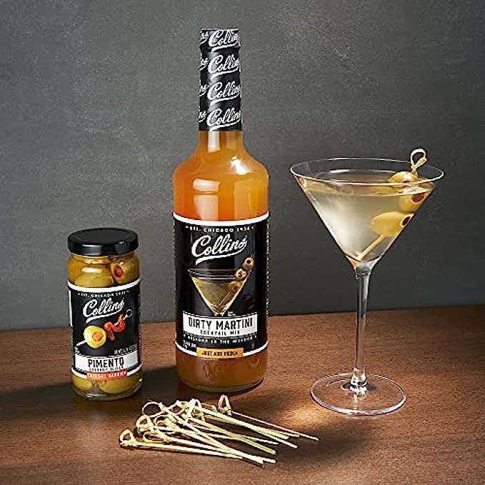 Collins Dirty Martini Kit, Gin Cocktail Mix, Stuffed Gourmet Olives, Drink Picks, Olive Brine Mixer, Set of 3 Bar Accessories for Making Drinks