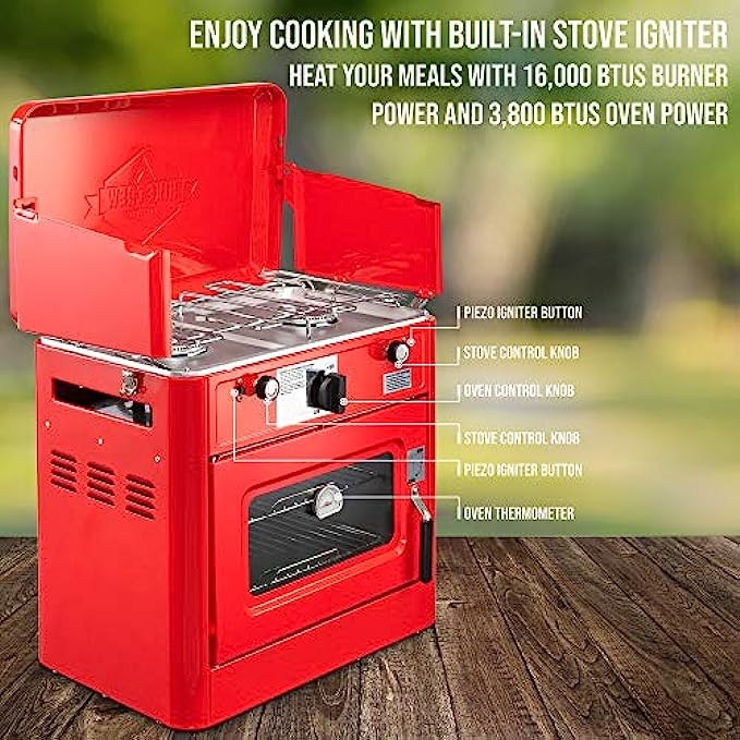 Hike Crew Outdoor Gas Camping Oven w/Carry Bag | 2-in-1 Portable Propane-Powered Stovetop & Oven w/ 2-Burner Cooktop Range, Auto Ignition, Overheat Safety Shutoff, Built-In Thermometer, Hose Regulator