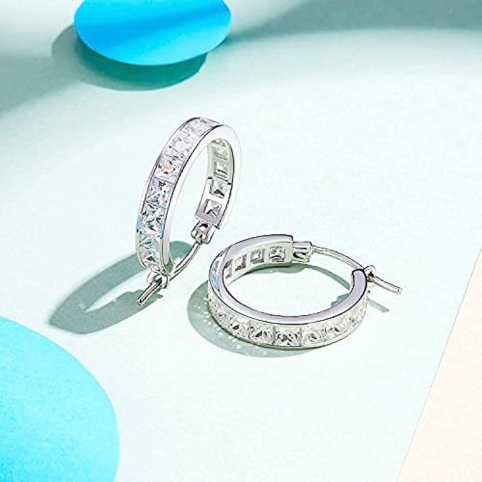 Carleen 14K White Gold Plated 925 Sterling Silver Channel Setting Princess Cut Sparkling CZ Cubic Zirconia Simulated Diamond Click-top Medium Huggie Hoop Earrings Fine Jewelry Birthday Gifts for Women