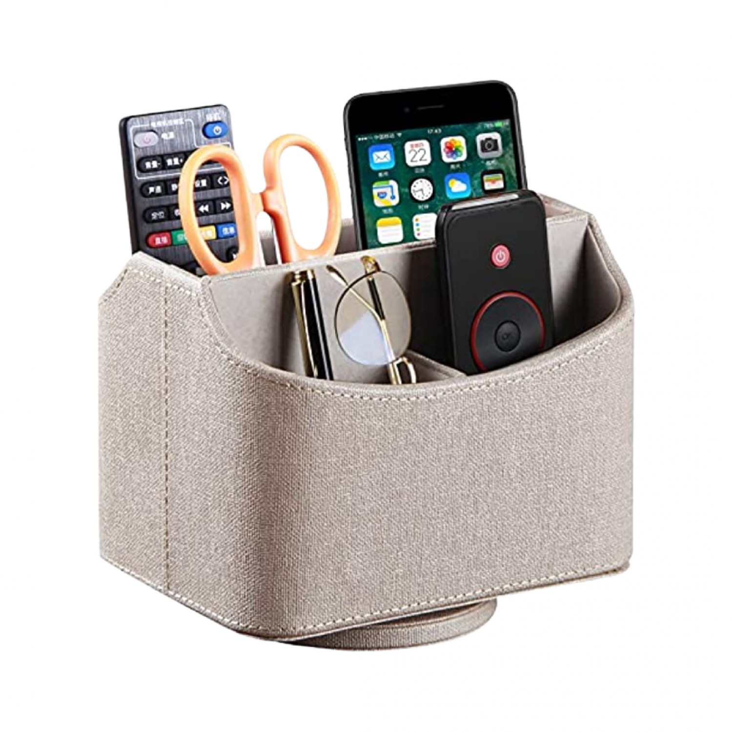 PUSU Leather 360°Rotatable Remote Control Holder,Nightstand TV Remote Caddy,Office Supplies Desktop Organizer,Spinning Storage Box for Pen,Mail,Phone,DVD, Blu-Ray, Media Player, Heater Controllers